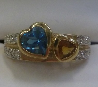 14K Yellow and Blue Topaz Hearts with Diamonds